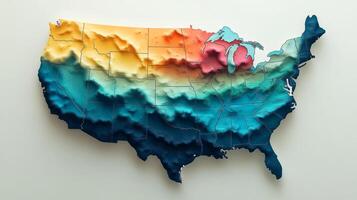 Exploration of geographical features in USA map highlighting elevation changes across different regions with vibrant color gradients representing topographical variations photo