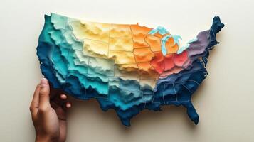 Hand holding a colorful topographic map of the United States showcasing geographical features and regions in vivid detail during an outdoor planning session photo