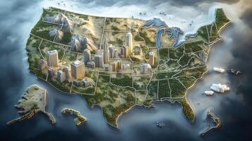 Relief representation of the United States with detailed topography and city highlights illustrating geographical features and urban landscapes photo