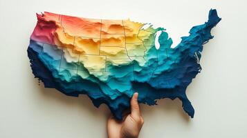 Exploring the vibrant topography of the USA through a colorful relief map held in hand showcasing geographic diversity and elevations across the nation photo