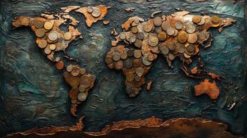 World map created with coins of various origins and ages, showcasing a unique artistic representation of global geography and currency diversity photo