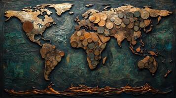 Map of the world crafted from coins, showcasing global diversity and economic history through unique metal textures and geographical representation photo