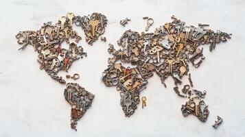 World map creatively crafted from assorted keys showcasing intricate details of continents and countries formed by various shapes and sizes of keys and locks photo