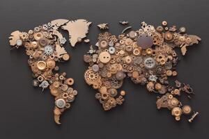Unique world map made from antique brass gears highlights detailed craftsmanship. Each gear and part represents various countries, symbolizing creativity and the spirit of invention. photo