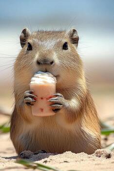 A capybara sits comfortably on the sandy beach, holding a small cup filled with strawberry milkshake while sipping joyfully. The warm sun shines in the background, creating a cheerful atmosphere. photo