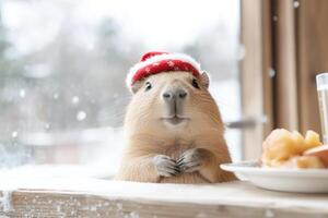 Capybara enjoys a cozy winter moment with a festive hat while seated at a cafe with a plate of food nearby, surrounded by gentle snowfall outside photo