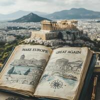 Book titled Make Europe Great Again opens to reveal intricate illustrations featuring iconic European landmarks set against panoramic view of cityscape with prominent ancient structure in background photo