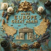 Artwork featuring design elements with the slogan Make Europe Great, showcasing a blend of historical symbols and European landmarks against a vibrant blue background photo