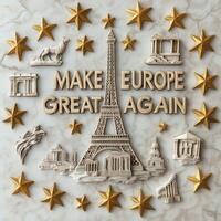 Creative representation of a slogan promoting European greatness featuring iconic landmarks and golden stars photo
