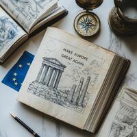 Slogan displayed in an artistic layout on an open book, featuring classical architecture and a European flag, conveying a message about cultural pride and unity in the context of European heritage photo
