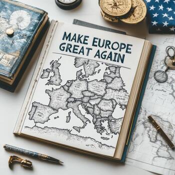 Europe illustrated with a call to action, promoting unity and strength through the slogan Make Europe Great Again, surrounded by vintage maps and travel items on a wooden table photo