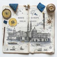 Artistic representation of historical landmarks and symbols featuring slogan Make Europe Great, showcasing European architecture along a river with nautical elements and decorative items photo