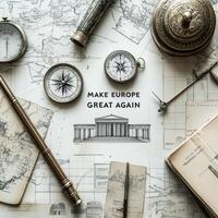 Slogan and vintage maps create a thematic exploration of European history and identity in a creative workspace filled with historical artifacts and navigational tools photo