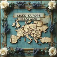 Artwork featuring a decorative map of Europe framed with flowers and a slogan promoting unity, captured in a creative setting emphasizing European culture and geography photo