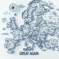 Illustration of Europe featuring intricate drawings of landmarks and the slogan Make Europe great, emphasizing a call for unity and pride across the continent photo