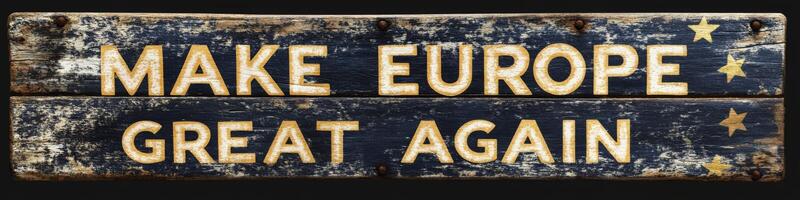 Rustic wooden banner conveying a political message advocating for the revitalization of Europe, featuring bold lettering and star designs against a distressed backdrop photo