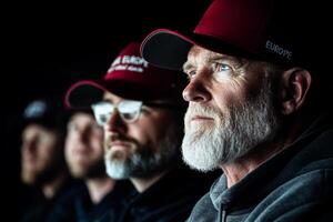 Group of men wearing red caps engaged in focused discussion during an evening event, showcasing a range of expressions and camaraderie among participants photo