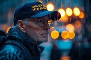 Man wearing cap with slogan Make Europe great again walks through city street during rainy evening, surrounded by glowing lights and blurred figures photo