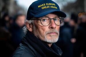 Man wearing a cap with slogan Make Europe great again during a public gathering on a chilly day in an urban area filled with people showcasing diverse expressions and emotions photo