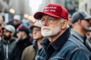 Gathering of supporters wearing caps with slogans promoting European unity takes place in urban setting showcasing diverse crowd during rally advocating for cultural and political interests in Europe photo