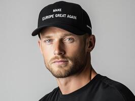 Man wearing cap with slogan Make Europe great again, focusing on expression and style in a neutral background photo
