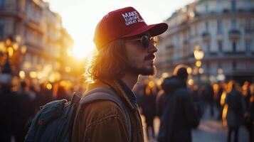 Man wearing red cap with slogan Make Europe great again stands among a crowd at sunset in an urban setting, showcasing a moment of social engagement and expression photo