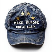 Cap featuring slogan MEGA isolated on white background, perfect for expressing opinions and sentiments about European identity and unity, an ideal accessory for various occasions photo