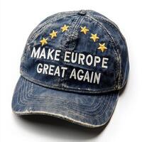 Cap featuring a slogan Make Europe Great Again, that promotes a political message with decorative stars, isolated against a white background, suggesting unity and purpose photo