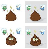 Poop Cartoon Character With Flies Hovering. Collection Set vector