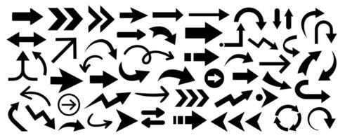 Arrow flat icons set. Black direction pointers silhouettes. Various arrows signs isolated on white background. Navigation symbols and directional icons vector