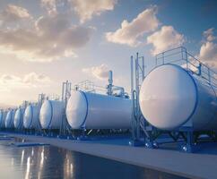 Large storage tanks lined up at industrial facility during twilight with a dramatic sky backdrop photo