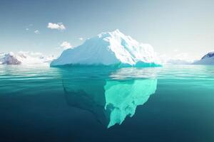 Unique iceberg floating in calm turquoise waters under a clear sky photo