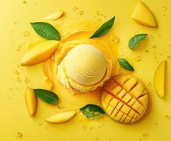 Delicious mango ice cream presented with fresh mango slices on a vibrant yellow background photo
