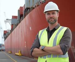 Maritime worker stands confidently at shipping port with cargo ship in background during daylight photo
