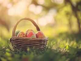 Colorful Easter eggs nestled in a woven basket on a sunny spring day in a lush garden setting photo