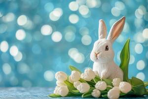 Cute white rabbit surrounded by white tulips on blue background with sparkling lights photo