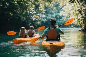 Kayaking adventure through lush greenery with family in a tranquil river setting photo