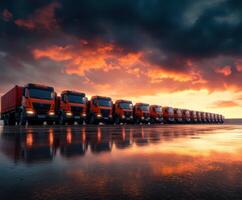 Fleet of orange trucks lined up at sunset reflecting in the water photo