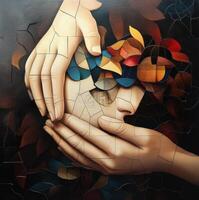 Artistic representation of unity and identity in abstract form with hands embracing a face surrounded by colorful leaves photo