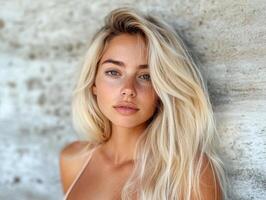 Young woman with long blonde hair poses against a textured wall in natural light during a sunny day photo