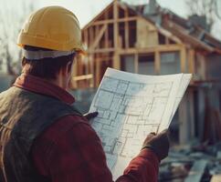 Construction worker reviews building plans at a residential site during daylight photo