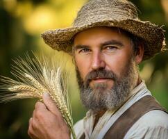 Portrait of a man holding wheat stalks in a rustic setting during golden hour photo