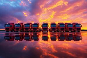 Trucks lined up against a vibrant sunset reflecting on wet ground in an open field photo