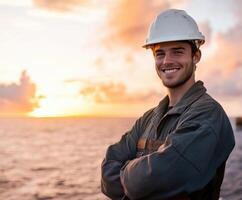 Smiling worker poses by the sea at sunset while wearing a hard hat and work attire photo