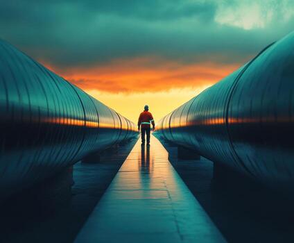 Worker walking between two large pipes at sunset, reflecting vibrant colors and creating a dramatic atmosphere photo
