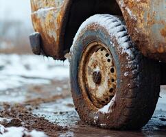 Rusty wheel covered in snow and mud on an abandoned vehicle during winter season in a rural area photo