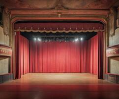Elegant theater stage with red curtains ready for a performance in a historic venue photo