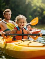 Smiling girl kayaking with her father on a sunny day in nature photo