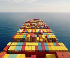Cargo ship sailing through calm waters with vibrant containers stacked high on deck photo