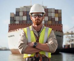 Construction worker stands confidently in front of cargo ship at bustling port during bright daylight hours photo